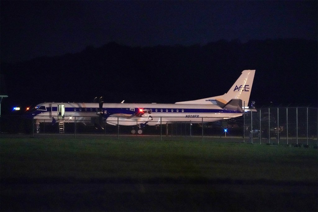 A plane carrying migrants from Texas arriving at Orange County Airport in Montgomery, New York on October 7, 2022.