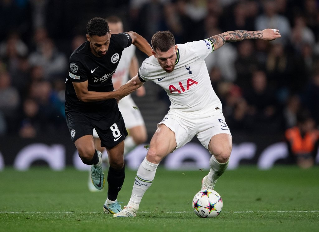 Djibril Sow of Eintracht Frankfurt and Pierre Hojbjerg of Tottenham Hotspur