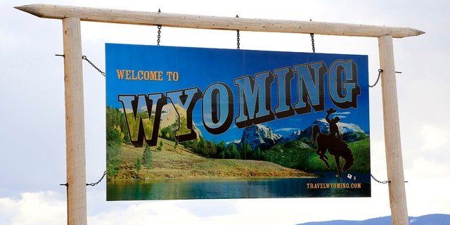 "Welcome to Wyoming" highway sign along Interstate 90 north of Sheridan.