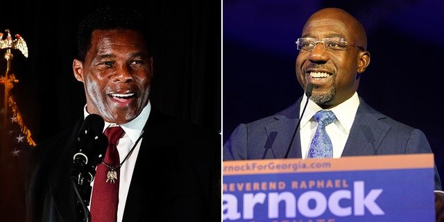 Republican Senate nominee Herschel Walker, left, and Democratic Sen. Raphael Warnock separately speak during general election night watch parties on Tuesday, Nov. 8, 2022, in Atlanta.