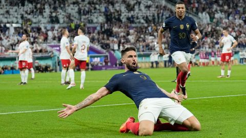 France's Olivier Giroud celebrates after scoring the opening goal.