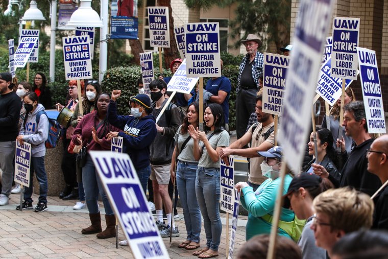University of California picketers protest at University of California-Irvine on Dec. 6, 2022 in Irvine, Calif.