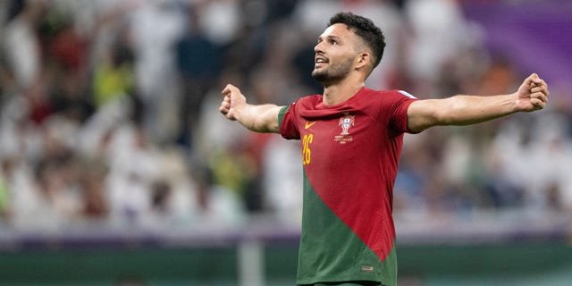 Gonçalo Ramos of Portugal celebrates after scoring his third goal, his side's fifth, to make the score 5-0 during a FIFA World Cup Qatar 2022 Round of 16 match against Switzerland at Lusail Stadium Dec. 6, 2022, in Lusail City, Qatar.