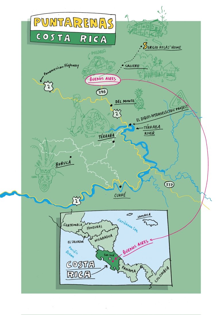 An illustration of a map of the Puntarenas region of Costa Rica.