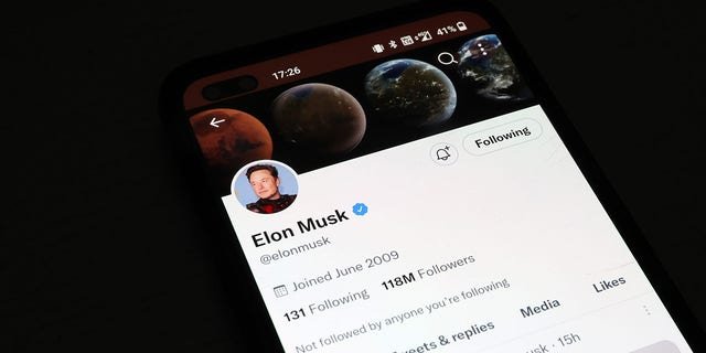 The Twitter account of Elon Musk is displayed on a smartphone on November 21, 2022.
