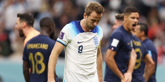 AL KHOR, QATAR - DECEMBER 10: Harry Kane of England reacts after missing a penalty during the FIFA World Cup Qatar 2022 quarter final match between England and France at Al Bayt Stadium on December 10, 2022, in Al Khor, Qatar.