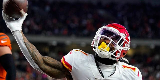 Kansas City Chiefs running back Jerick McKinnon, #1, celebrates after a touchdown against the Cincinnati Bengals in the first half of an NFL football game in Cincinnati, Sunday, Dec. 4, 2022.