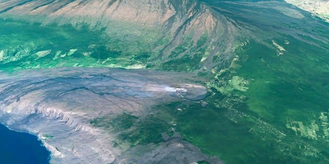 This is a 3D-enhanced satellite image of Mount Kilauea on the Big Island of Hawaii.