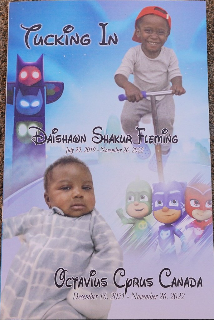 The front cover of the funeral program, showing the two boys, cartoon characters, and the boys' names.