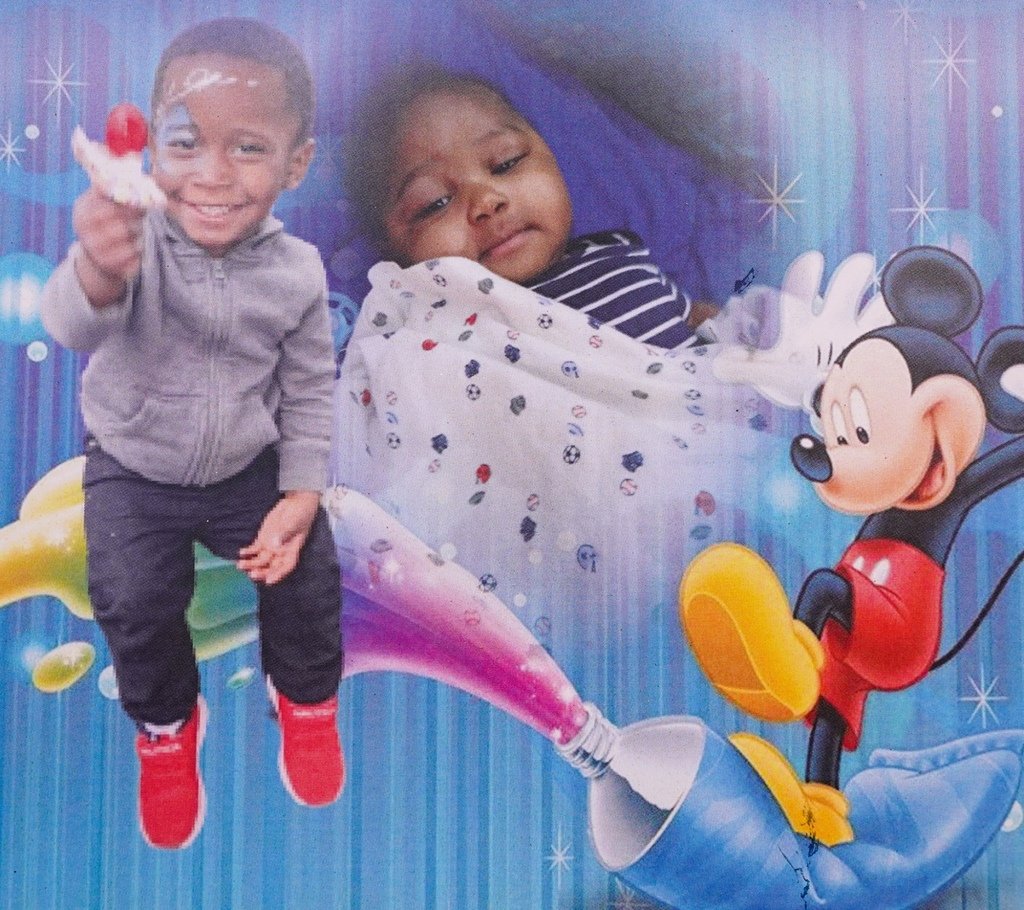 An image of the funeral program, including photos of Daishawn and Octavius next to cartoon characters