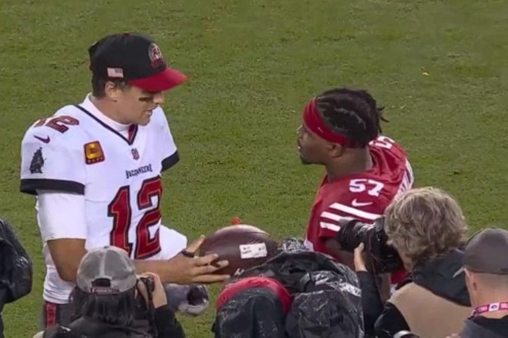49ers’ Dre Greenlaw asks Tom Brady to sign interception ball: ‘Like a little fan’