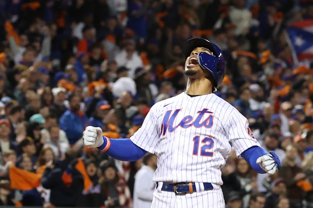 Francisco Lindor #12 of the New York Mets celebrates a solo home run during the first inning against the San Diego Padres in game two of the Wild Card Series at Citi Field on October 08, 2022.