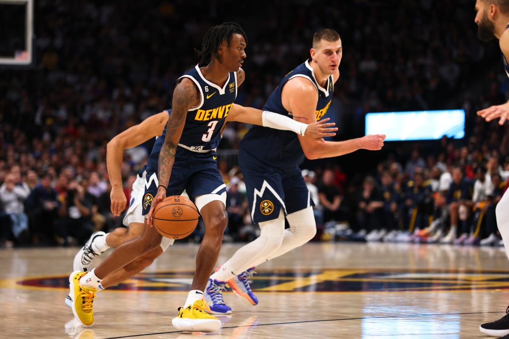 Bones Hyland #3 of the Denver Nuggets drives to the basket against the Dallas Mavericks