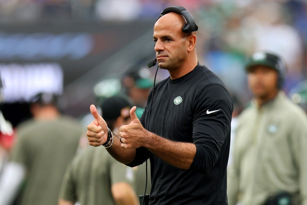 Head coach Robert Saleh of the New York Jets looks on during the second half of a game against the Buffalo Bills at MetLife Stadium on November 6, 2022.