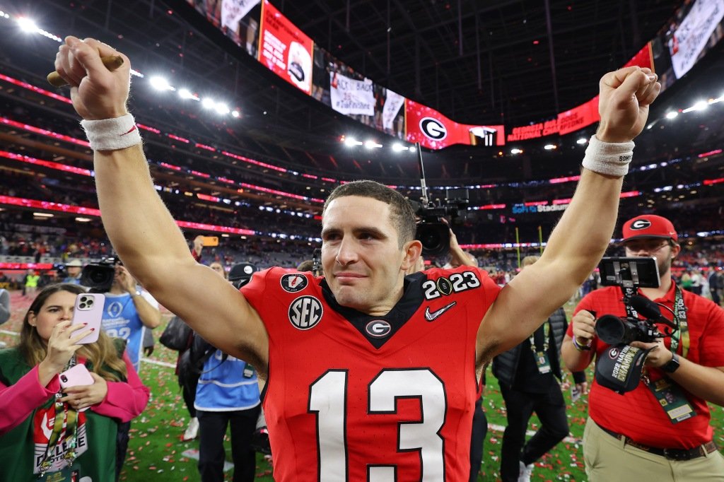 Stetson Bennett celebrates after Georgia won the national championship.