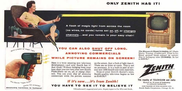 Zenith introduced Eugene Polley's Flash-Matic television remote control in 1955. The device looked like a space-age ray run and controlled the television with beams of light.