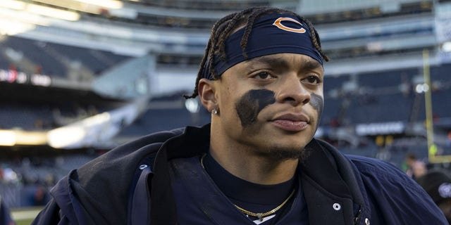 Chicago Bears quarterback Justin Fields leaves the field after a 25-20 loss to the Philadelphia Eagles at Soldier Field Dec. 18, 2022, in Chicago.