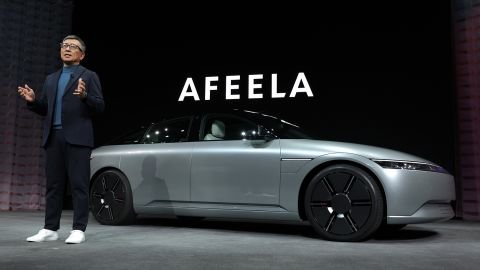 Representative Director, Chairman and CEO of Sony Honda Mobility Yasuhide Mizuno in front of a Afeela concept vehicle during a press event at CES 2023 at the Mandalay Bay Convention Center on January 04, 2023 in Las Vegas, Nevada.