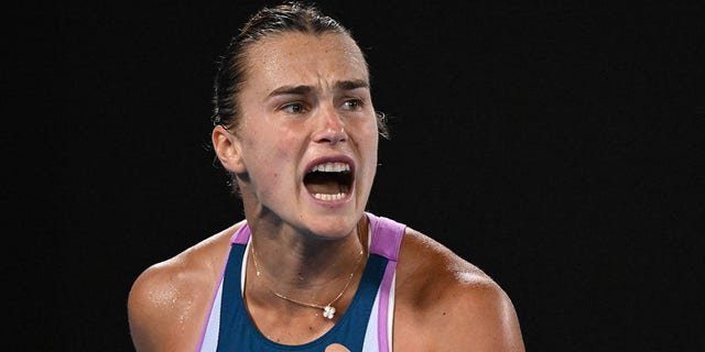 Belarus' Aryna Sabalenka reacts after scoring a point against Kazakhstan's Elena Rybakina during the women's singles final.