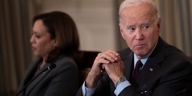 Vice President Kamala Harris and U.S. President Joe Biden in the State Dining Room of the White House October 4, 2022 in Washington, DC.