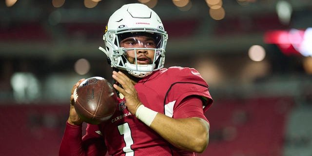 Kyler Murray, #1 of the Arizona Cardinals, warms up before kickoff against the New England Patriots at State Farm Stadium on Dec. 12, 2022 in Glendale, Arizona.