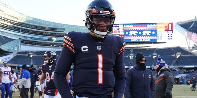 Justin Fields of the Chicago Bears reacts after a game against the Buffalo Bills at Soldier Field Dec. 24, 2022, in Chicago.