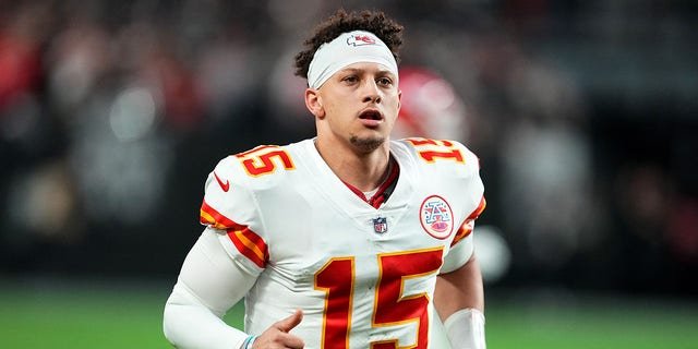 Patrick Mahomes #15 of the Kansas City Chiefs runs off the field after the first half against the Las Vegas Raiders at Allegiant Stadium on Jan. 7, 2023 in Las Vegas, Nevada.