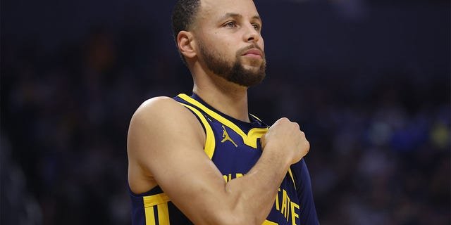 Stephen Curry, #30 of the Golden State Warriors, looks on in the first quarter against the Memphis Grizzlies at Chase Center on January 25, 2023, in San Francisco, California.