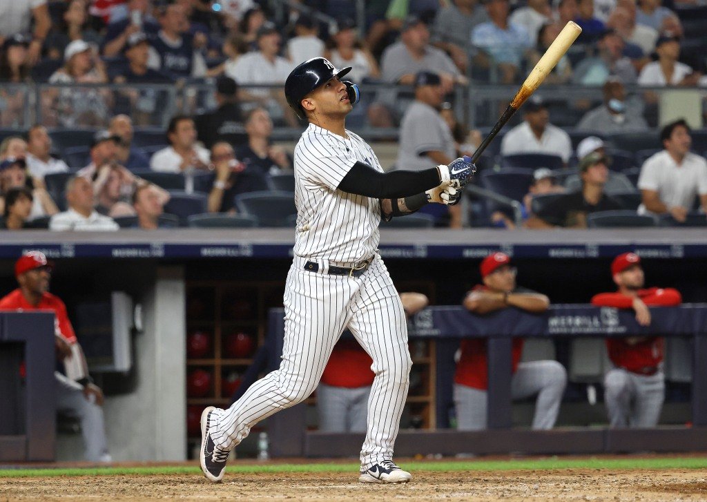 New York Yankees second baseman Gleyber Torres #25 watches his two-run home run to tie the game  during the 8th inning. 