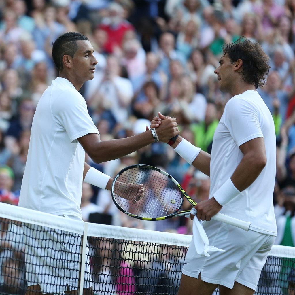 Nick Kyrgios (left) is congratulated by Rafael Nadal of Spain after the men's singles at Wimbledon on July 1, 2014 in London, England.