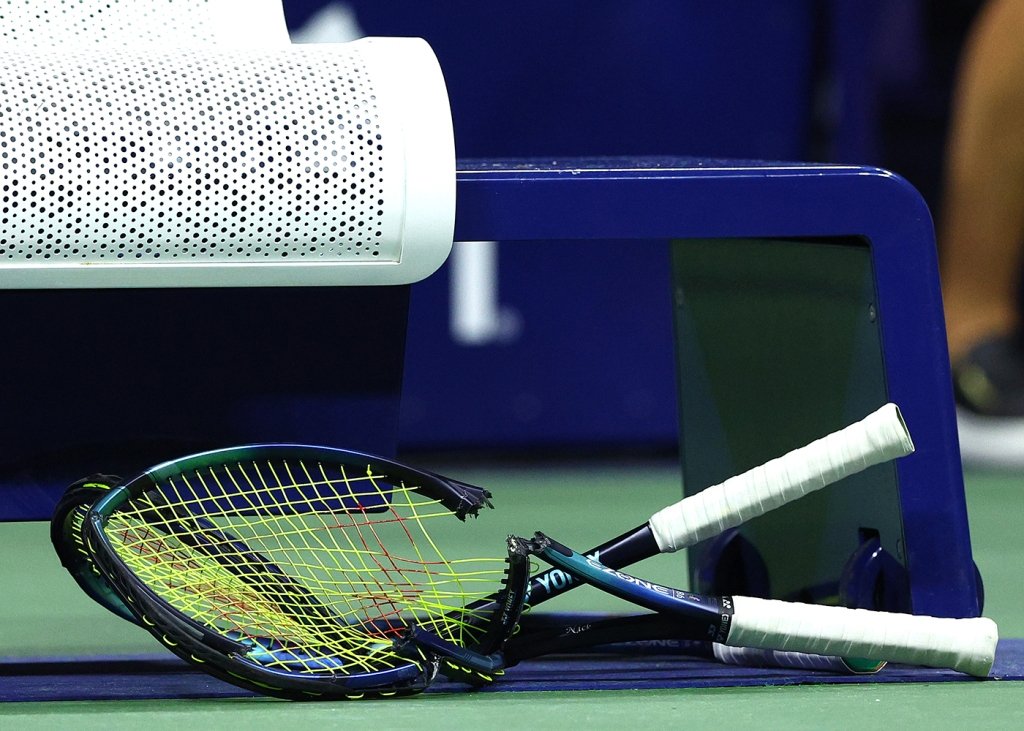 Nick Kyrgios' damaged racket after he smashed it off the court followed a defeat by Karen Khachanov in their Men’s Singles Quarterfinal match at the 2022 U.S. Open.