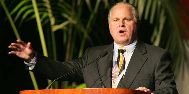 Rush Limbaugh on Feb. 8, 2005, speaking at San Jose Civic Auditorium in San Jose, California. 