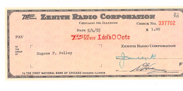 Zenith employee and inventor Eugene Polley was paid $1 for the rights to his design for the Flash-Matic, the first wireless television remote control.
