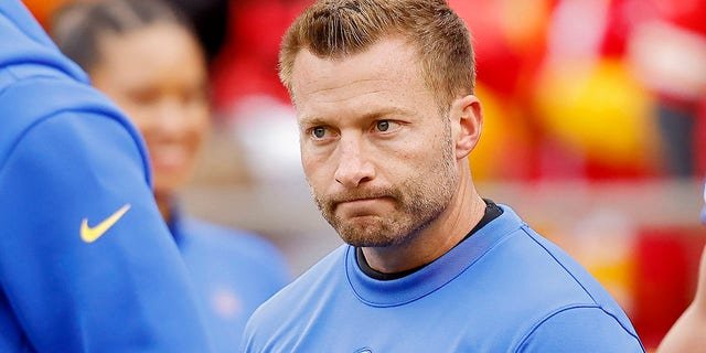 Head coach Sean McVay of the Los Angeles Rams reacts before a game against the Kansas City Chiefs at Arrowhead Stadium Nov. 27, 2022, in Kansas City, Mo. 