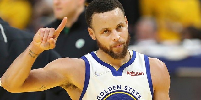Golden State Warriors guard Stephen Curry (30) celebrates during the second half of Game 5 of basketball's NBA Finals against the Boston Celtics in San Francisco, Monday, June 13, 2022.