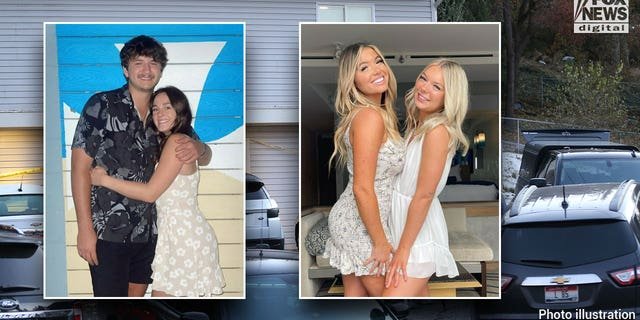 A split photo showing the crime scene and the victims — University of Idaho students Ethan Chapin, 20, Xana Kernodle, 20, Madison Mogen, 21, and Kaylee Goncalves, 21.