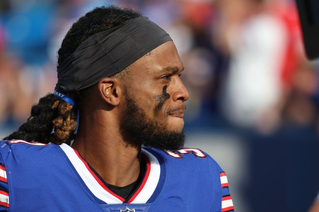 Damar Hamlin #31 of the Buffalo Bills on the sideline during a preseason game against the Indianapolis Colts at Highmark Stadium on August 13, 2022 in Orchard Park, New York.