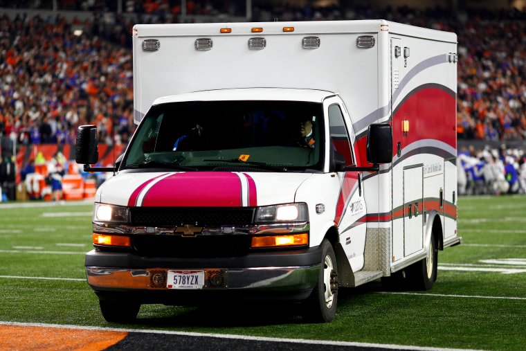 Damar Hamlin #3 of the Buffalo Bills is driven off the field in an ambulance after sustaining an injury during the first quarter of an NFL football game against the Cincinnati Bengals at Paycor Stadium on January 2, 2023 in Cincinnati, Ohio.