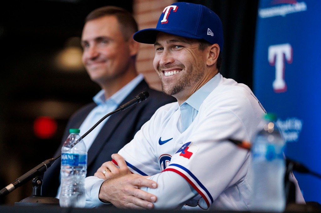 Jacob deGrom #48 of the Texas Rangers reacts at an introductory press conference at Globe Life Field on December 8, 2022 in Arlington, Texas.