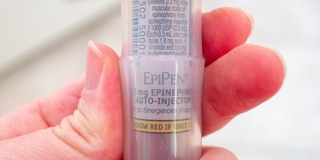 Close-up of an EpiPen logo on an epinephrine auto-injector held in a person's hand, Feb. 17, 2021.