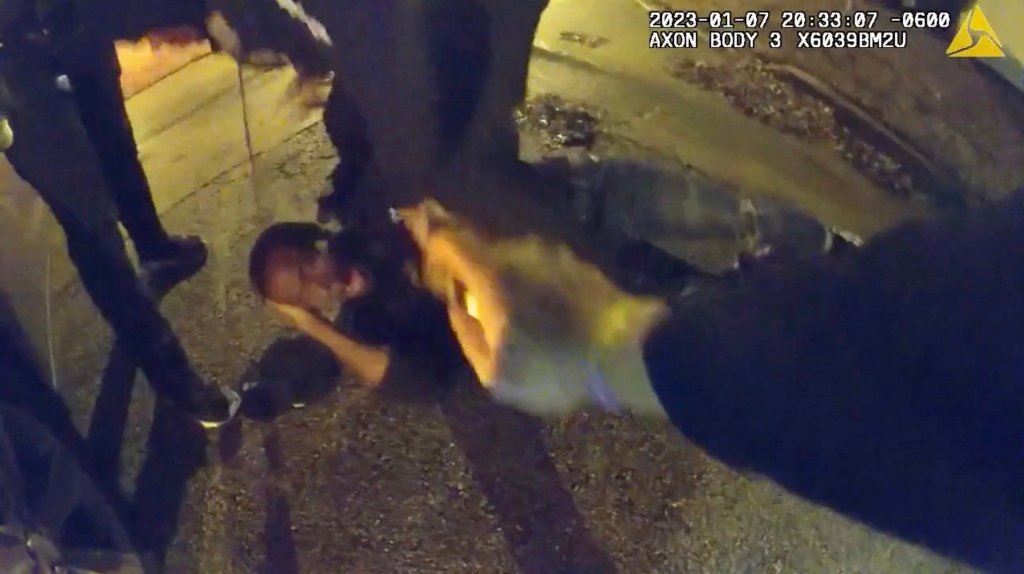 This still image from a Memphis Police Department body-cam video released on January 27, 2023, shows Police officers beating Tyre Nichols, in Memphis, Tennessee.