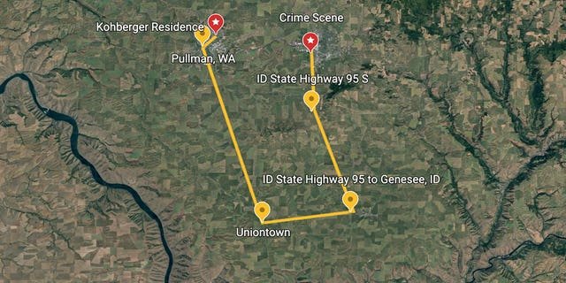 Map showing Idaho murder suspect Bryan Kohberger's alleged movement on the morning of Nov. 13 after four University of Idaho students were stabbed in their home.