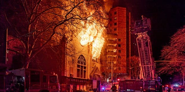 Flames pierce through Old Portland Korean Church.