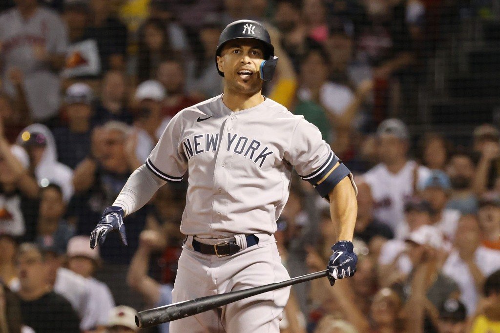 Giancarlo Stanton #27 of the New York Yankees reacts after he is called out on strikes to end the 7th inning.