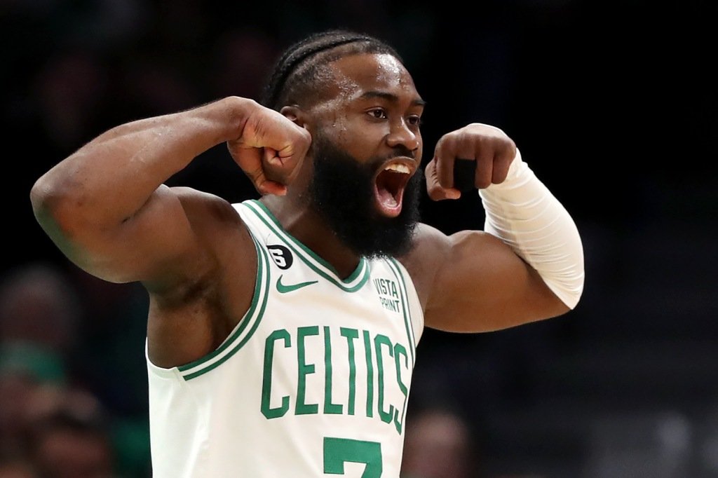 Jaylen Brown celebrates during the Celtics' win over the Nets on Feb. 1.