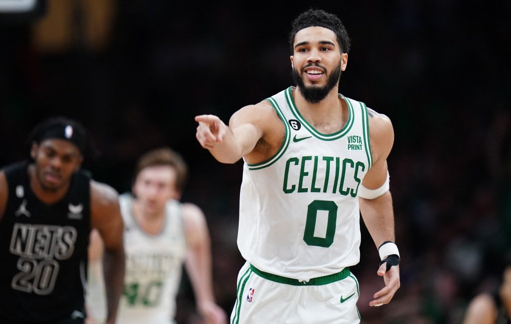 Jayson Tatum reacts during the Celtics' win over the Nets on Feb. 1.