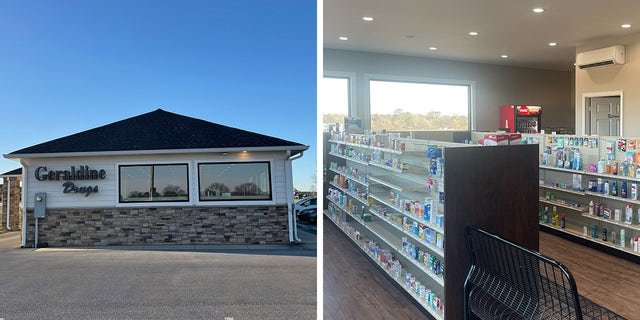 Seen here is the storefront (left) and the inside of Geraldine Drugs in Geraldine, Alabama, where Hody Childress donated $100 per month to put toward other customers' pharmacy bills.