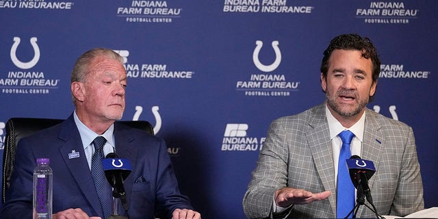 Colts interim coach Jeff Saturday speaks as owner Jim Irsay listens during a news conference at the team's practice facility, Nov. 7, 2022, in Indianapolis.