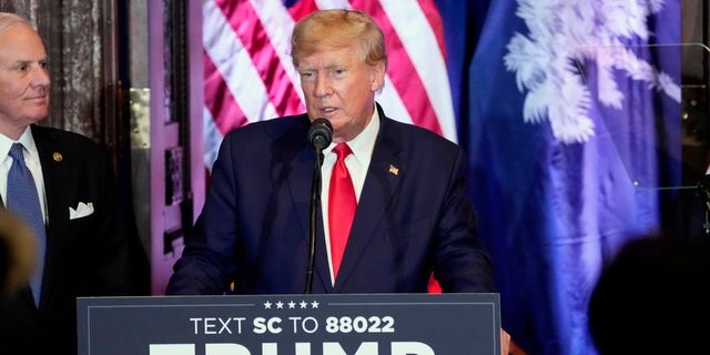 Former President Trump speaks at a campaign event at the South Carolina Statehouse, Saturday, Jan. 28, 2023, in Columbia, South Carolina.