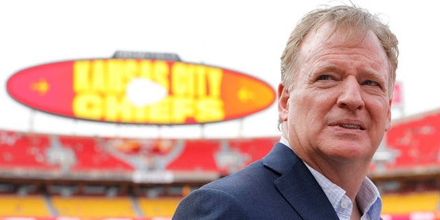 NFL Commissioner Roger Goodell on the field prior to a game between the Los Angeles Chargers and Kansas City Chiefs at Arrowhead Stadium Sept. 15, 2022, in Kansas City, Mo.